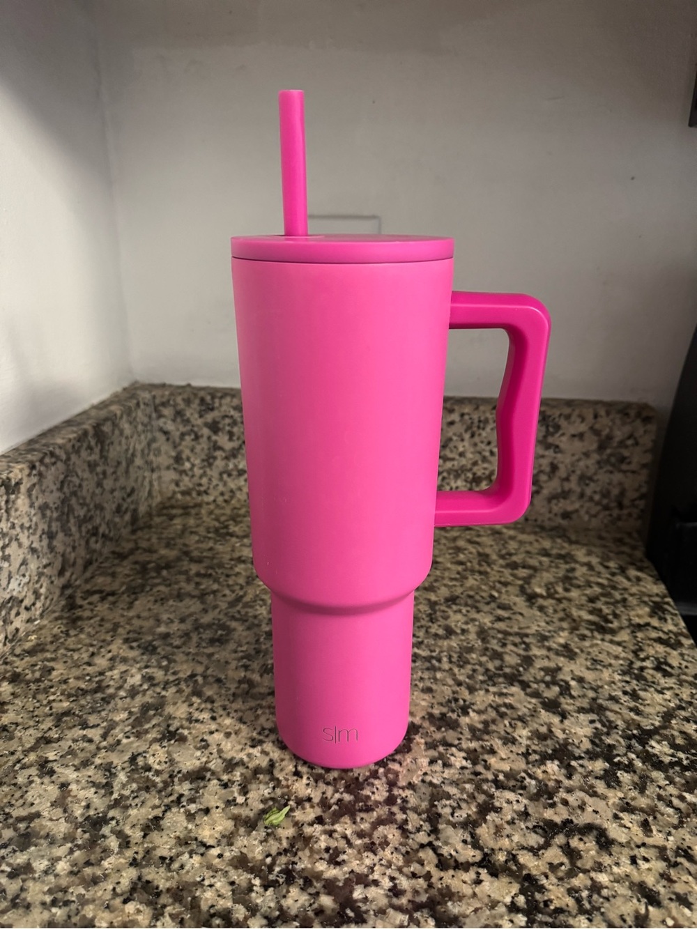 Slim Pink Insulated Travel Mug with Handle and Straw